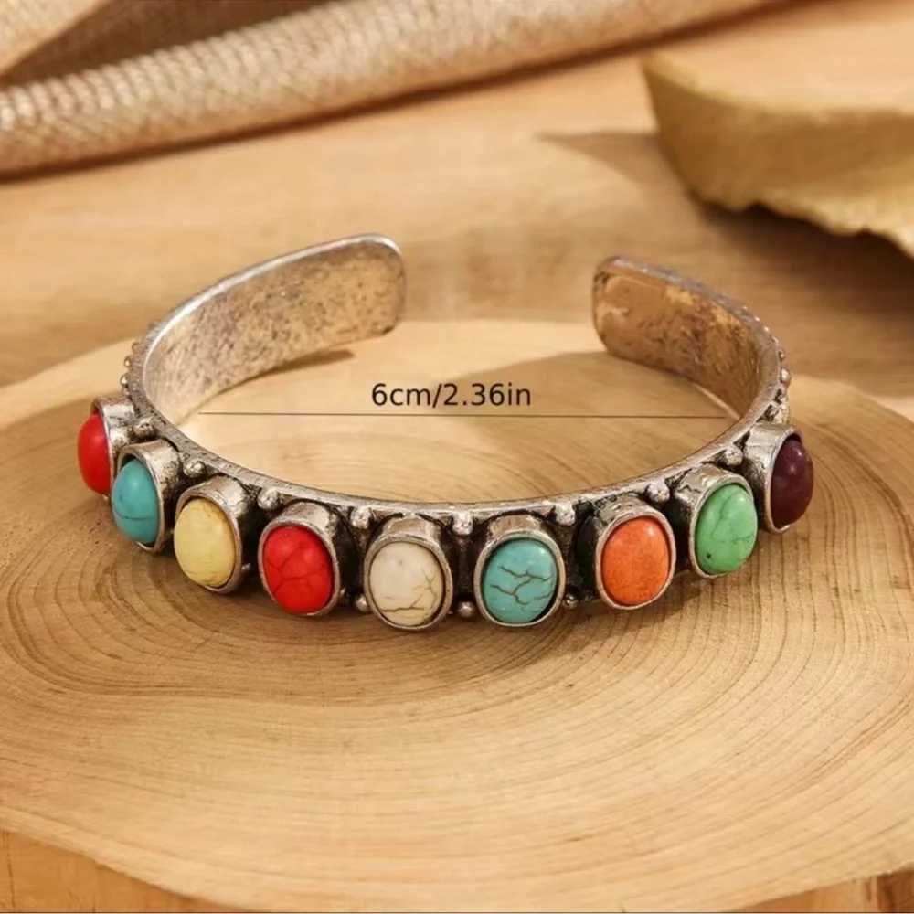 2 LEFT! Bohemian Mutli Colored Turquoise Bangle Cuff Bracelet - Picture 4 of 5